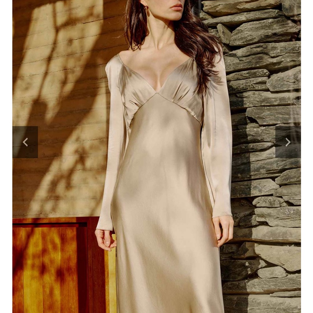 SILK MAISON “Back-Tie Flared Maxi Silk Dress” in champagne🥂NWOT originally $250